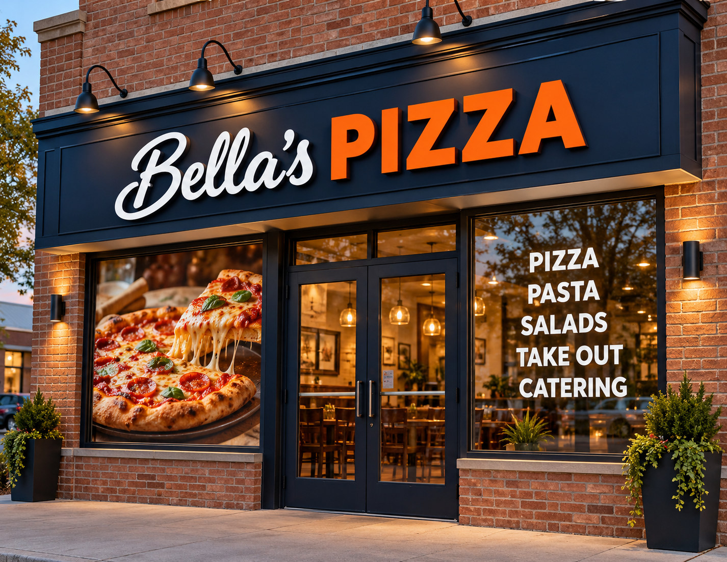 Illustrative Bella’s Pizza storefront signage