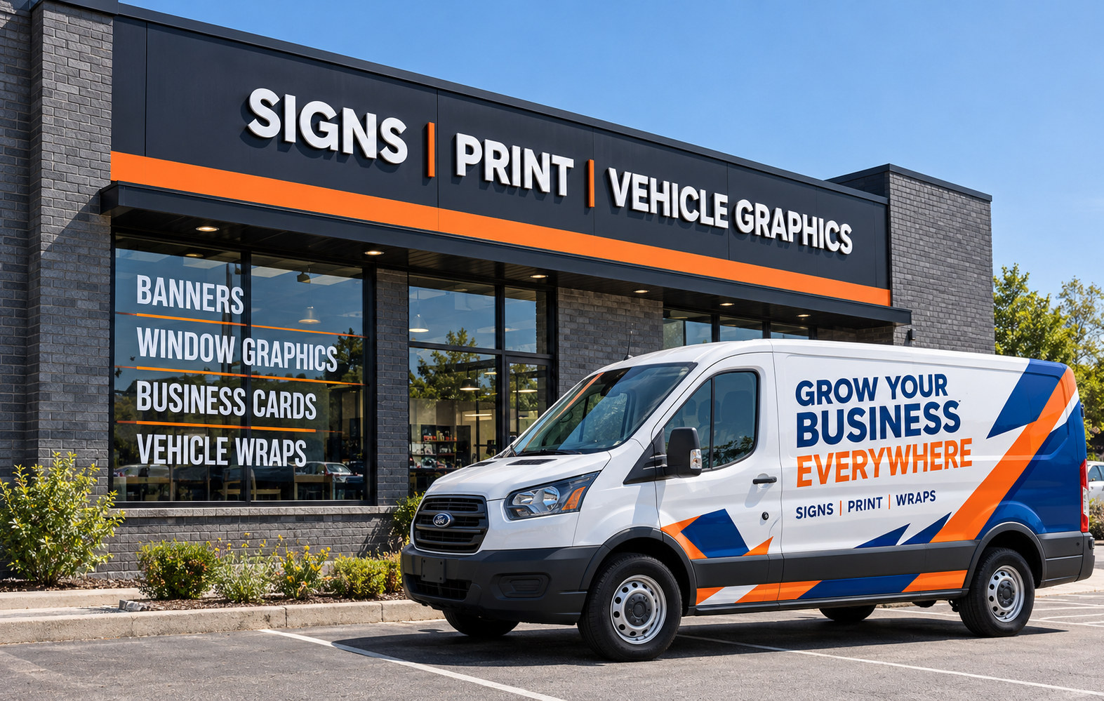 Branded printing storefront and commercial vehicle